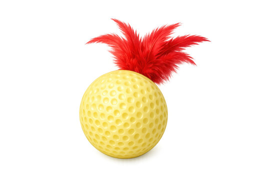 Yellow dimpled golf ball with red feathers, illustrating a hybrid sports concept. Transparent background