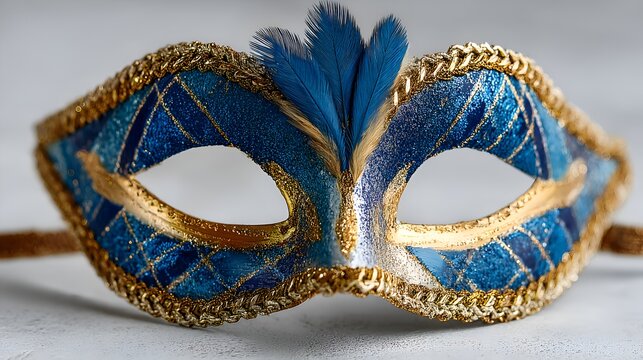A beautiful and ornate blue masquerade mask with gold trim and feathers rests on a textured white surface, ready for a festive celebration.
