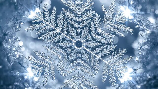 Time-lapse of snowflake formation showing intricate, unique patterns and symmetrical crystalline growth in a delicate, icy, ethereal environment