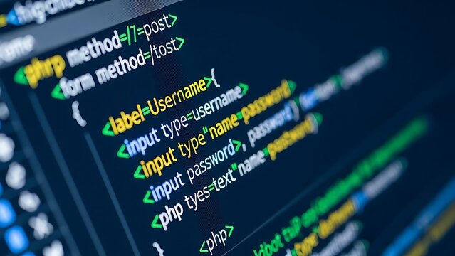 Code, HTML, php web programming source code. Abstract code background - 3d rendering