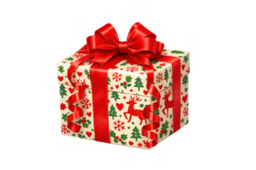 Christmas gift box wrapped in festive paper with reindeer, snowflakes, and trees, tied with a bright red ribbon and bow, transparent background