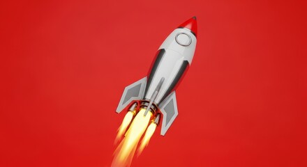 Rocket Launching Against Bright Red Background in Futuristic Style