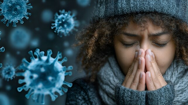 A young woman bundled in winter wear is experiencing cold symptoms with virus cells floating around her du a flu season outbreak scenario.