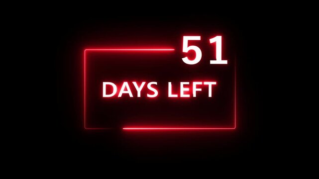 51 Days left countdown number animation on black background. Neon countdown days text number.  Days count number animation.