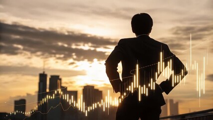 Businessman watching stock market graph at sunset concept. Modern trader perspective observing economic movement market charts horizon. - Powered by Adobe