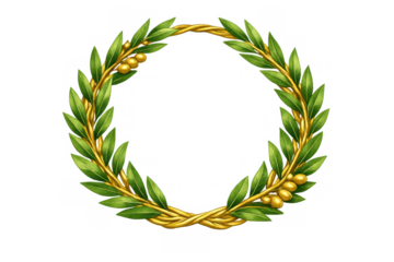 Golden olive wreath representing triumph and success, a symbol of honor and victory with green leaves and fruits