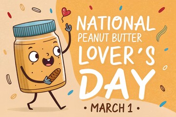 Adorable animated peanut butter jar mascot joyfully celebrates national peanut butter lover's day on march first with a celebratory treat
