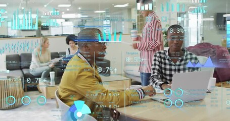 Animation of financial data processing over diverse business people in office - Powered by Adobe