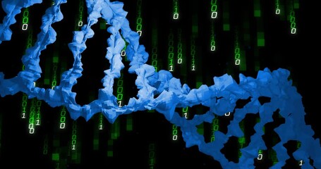 Animation of dna strand, binary coding and data processing over black background - Powered by Adobe