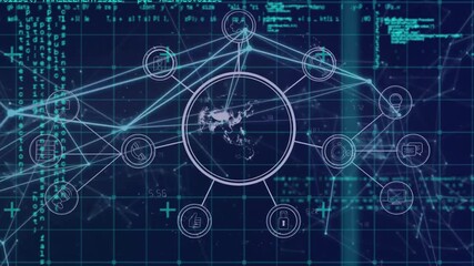 Animation of network of connections with icons and data processing - Powered by Adobe