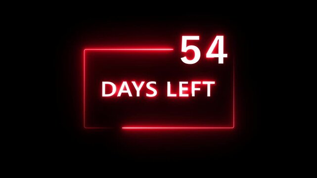 54 Days left countdown number animation on black background. Neon countdown days text number.  Days count number animation.