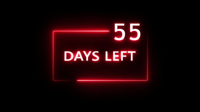 55 Days left countdown number animation on black background. Neon countdown days text number.  Days count number animation.