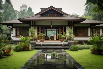 Fototapeta premium Architecture of a luxury residence featuring a lush garden and calming reflection pool