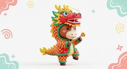 Naklejka premium Cute cartoon character in dragon costume celebrating festive occasion