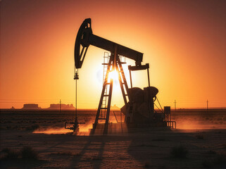 An oil pump jack silhouetted against the setting sun