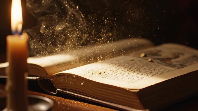 A Mystical Illuminated Book Reveals Secrets, Surrounded by Light and Glowing Particles