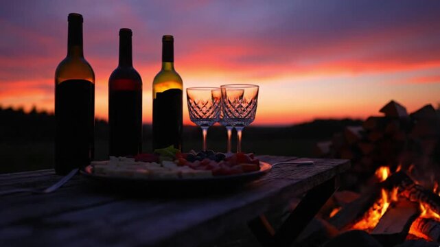 A beautiful and inviting scene unfolds at dusk, showcasing an elegant outdoor gathering. Three silhouettes of generic wine bottles stand alongside two intricately patterned empty wine glasses on a rus