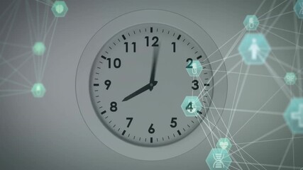 Digital network icons overlaying clock showing 8:10, animation style design - Powered by Adobe