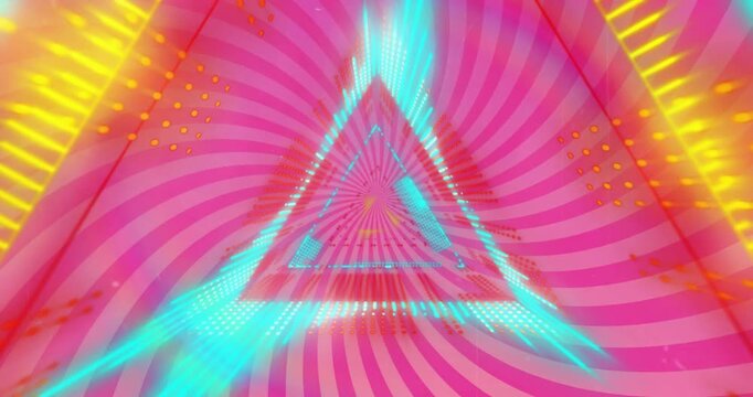 Pulsating neon triangle with swirling pink patterns, abstract animation background
