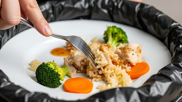 Food waste on a plate being scraped into a trash can with a fork