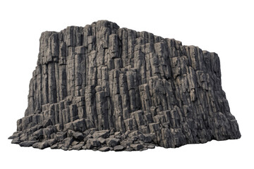Columnar basalt rock formation showing natural geological structure, dark gray volcanic stone cliff on transparent background