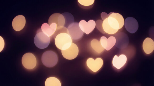 Soft bokeh lights with pink heart shapes on dark background.