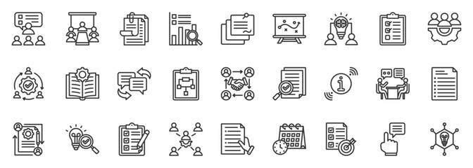 brief icon set collection in outline style. icon pack contain inform, discuss, planning, collaboration, agenda, team, note, insight, session, meeting icon