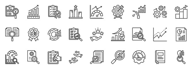 benchmarking icon set collection in outline style. icon pack contain compare, metrics, analyze, rank, standard, target, measure, insight, performance, evaluate icon