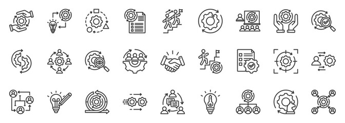 change management icon set collection in outline style. icon pack contain adapt, transition, strategy, lead, implement, plan, control, communicate, organize, execute icon