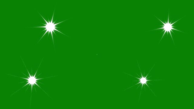 Twinkle white stars glitter animation on green screen, white flat vector cartoon doodle stars sparkle blinking, glowing shimmer light effect for festive video 4K