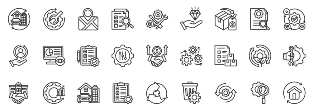 asset lifecycle icon set collection in outline style. icon pack contain asset, lifecycle, track, value, phase, service, maintain, repair, replace, audit icon
