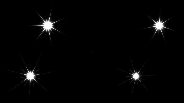 Twinkling white stars glitter animation on pure black background, cute cartoon flat vector doodle style blinking, glowing shimmer night sky motion graphics 4K