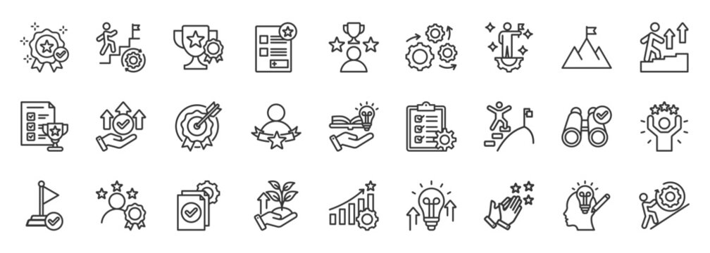 achieve results icon set collection in outline style. icon pack contain progress, triumph, innovation, win, growth, creativity, achieve, gain, vision, reach icon