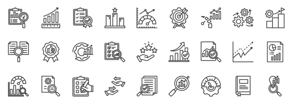 benchmarking icon set collection in outline style. icon pack contain compare, metrics, analyze, rank, standard, target, measure, insight, performance, evaluate icon