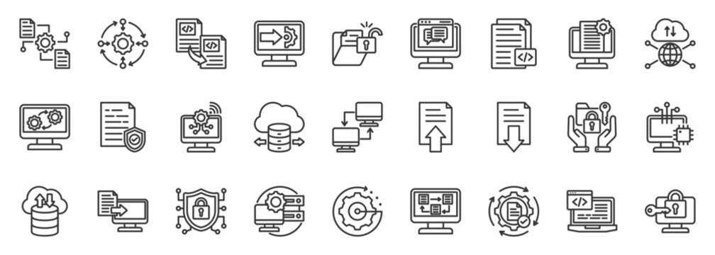 edi icon set collection in outline style. icon pack contain integrate, standard, digitize, transaction, system, secure, monitor, transfer, storage, decrypt icon