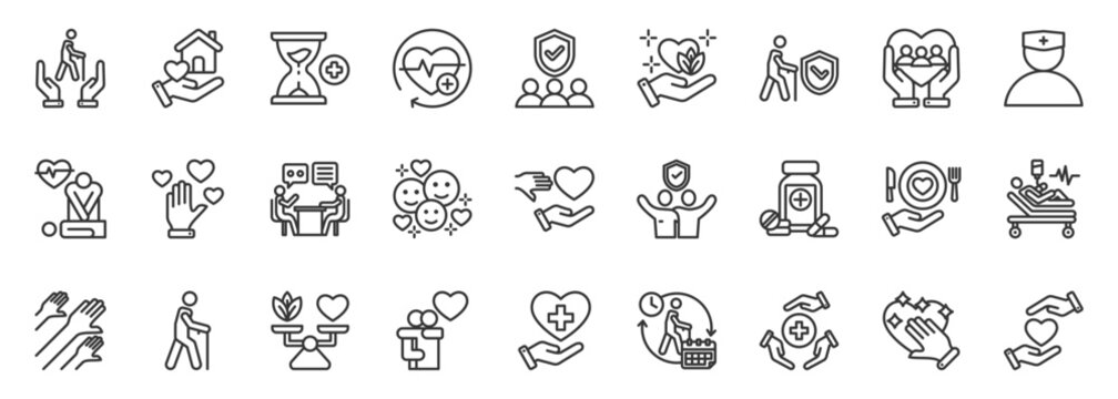 elderly care icon set collection in outline style. icon pack contain home, companion, long term, care, treatment, aid, checkup, care, smile, meal icon