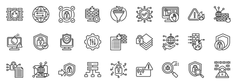 firewall icon set collection in outline style. icon pack contain security, block, filter, rules, network, protect, access, shield, control, traffic icon
