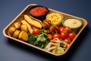 Grilled chicken, vegetables, potatoes, and dips conveniently packed in a disposable container