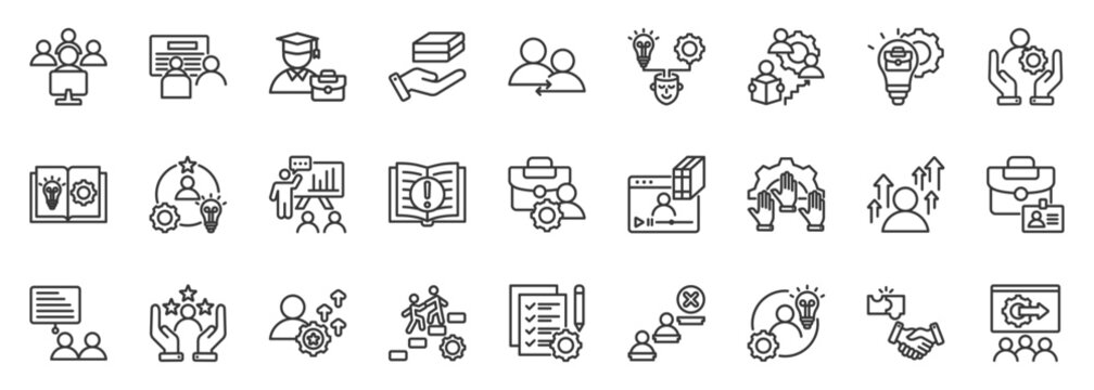 trainee icon set collection in outline style. icon pack contain Intern, associate, participant, attendee, practicant, upskill, orientation, development, on the job, learn skill icon