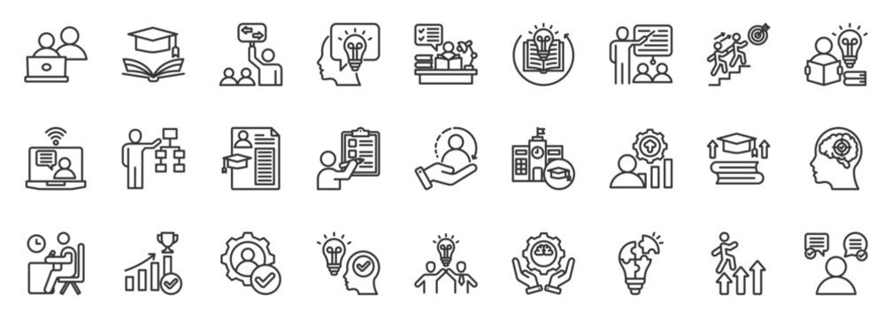tutoring icon set collection in outline style. icon pack contain mentor, coach, guidance, teacher, lesson, study, learning, education, academic, knowledge icon