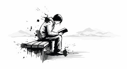 A solitary figure sits on a park bench, engrossed in a book, rendered in a dynamic black and white ink splash style with a serene mountain backdrop.