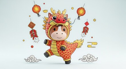 Fototapeta premium Cute Character in Dragon Costume Celebrating Festival with Lanterns and Fireworks