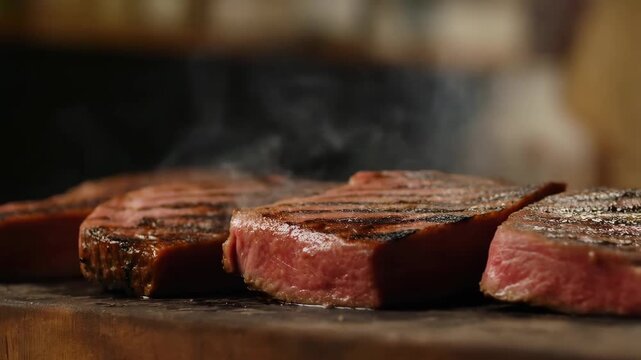 Four perfectly grilled beef steaks with char marks and rising steam on a rustic wooden board. Juicy and tender.