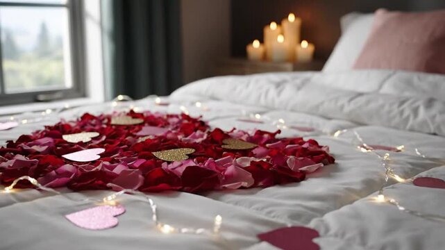 A beautifully decorated bed with pristine white bedding sets a romantic and serene scene. A large heart shape is formed from a generous scattering of vibrant red and soft pink rose petals, artfully in