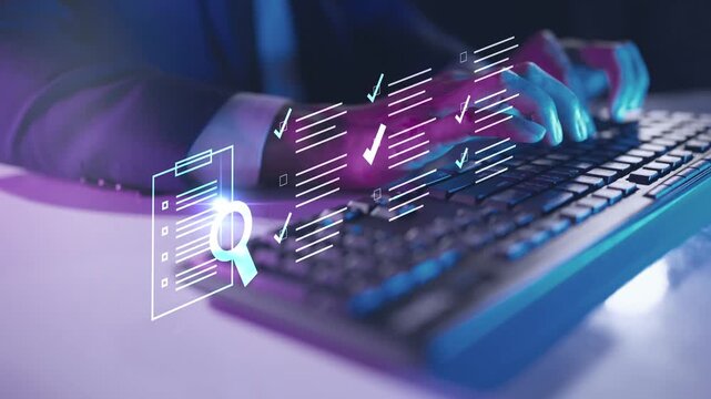 AI data processing and digital document analysis. Business information management, smart checklist verification, automated audit system, searching technology, and intelligent workflow concept.