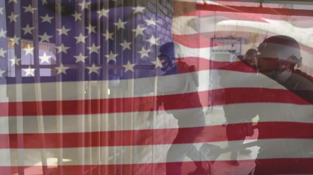 Three-man security team moving through corridor, flag overlay fading to reveal gate to secure site