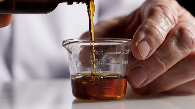 A Person Carefully Dispensing Liquid Into a Measuring Cup in a Science Setting
