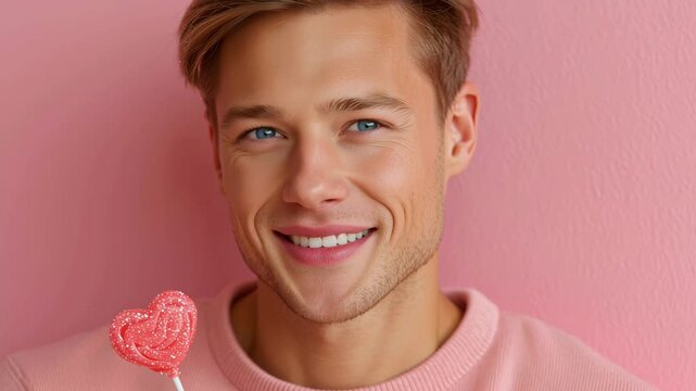 Smiling man in casual pink sweater holds heart-shaped candy, creating a soft romantic vibe perfect for Valentine's or love-themed content.