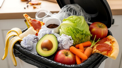 Overflowing kitchen trash bin filled with spoiled food and waste