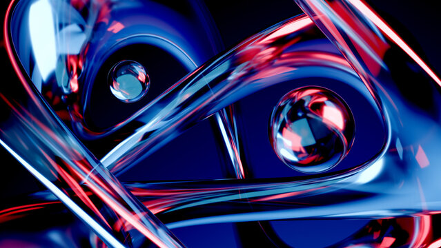 Fluid liquid blue glass shapes and spheres abstract background. 3d illustration contemporary art